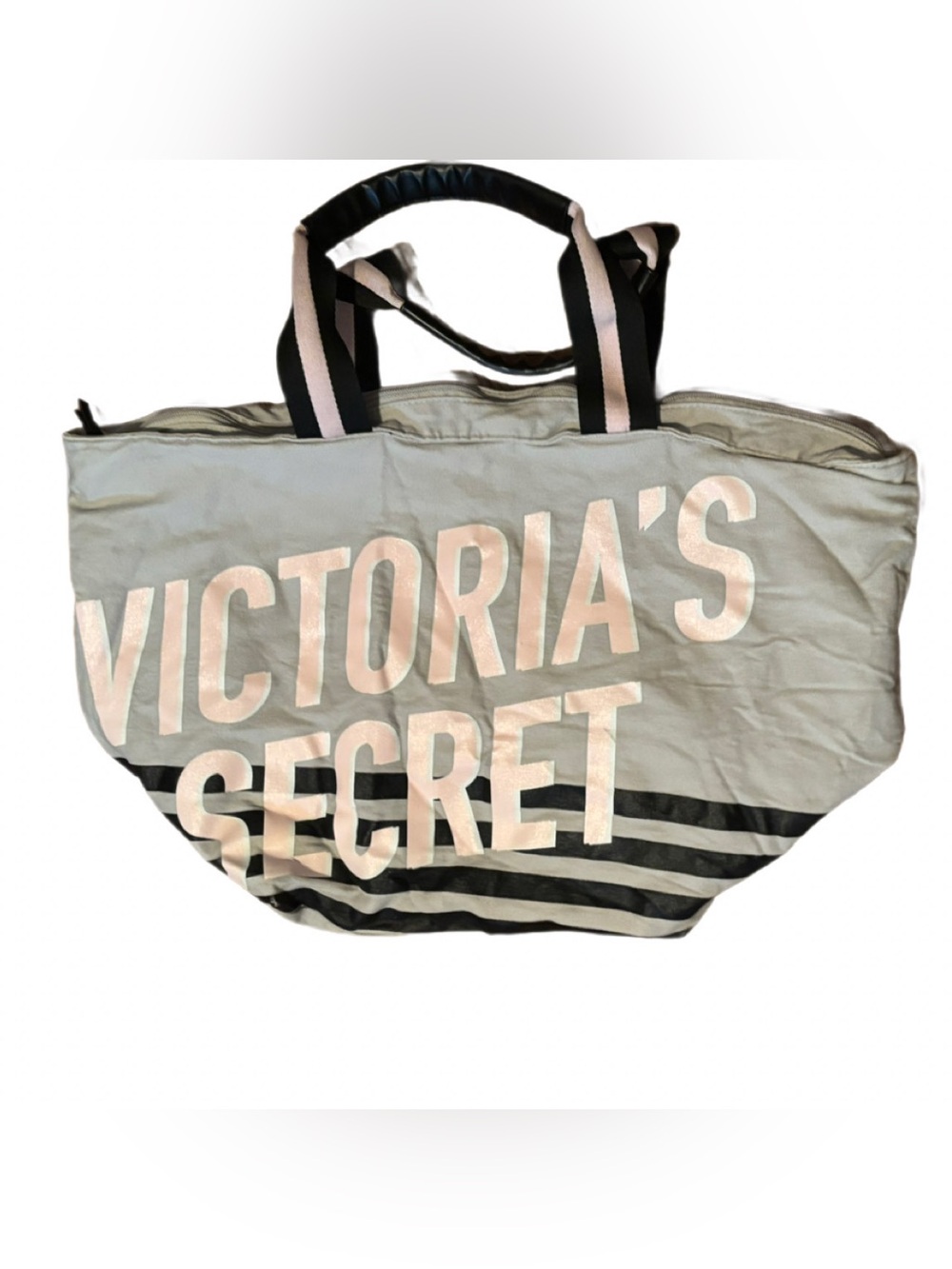 Victoria's Secret Getaway Tote Bag Gray Pink Stripe Canvas Weekend Travel